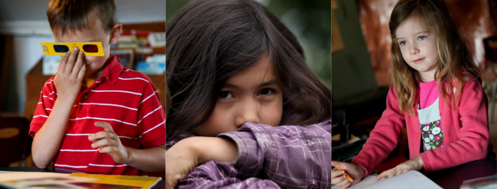 3 Children.  One is reading with 3D glasses, one is resting outside, and one is writing at a desk.
